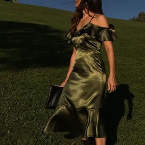 Satin Top Shop olive green drop shoulder dress size 6